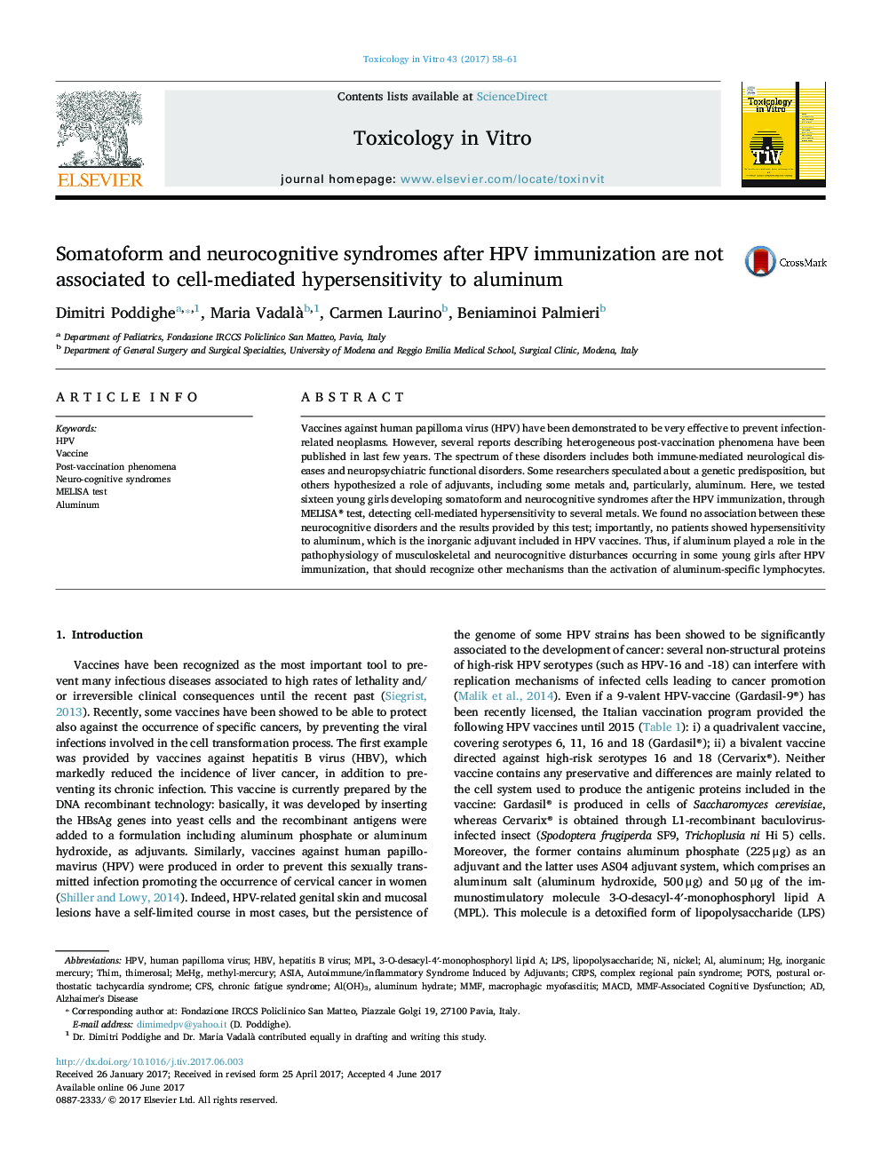 عکس صفحه اول مقاله: Somatoform and neurocognitive syndromes after HPV immunization are not associated to cell-mediated hypersensitivity to aluminum Somatoform and neurocognitive syndromes after HPV immunization are not associated to cell-mediated hypersensitivity to aluminum