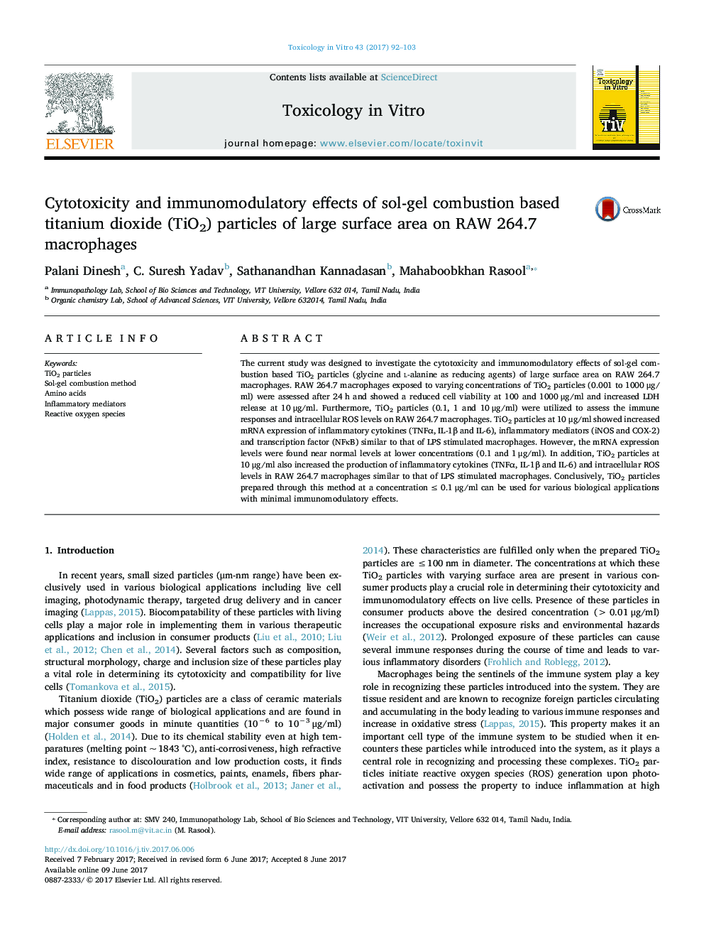 Cytotoxicity and immunomodulatory effects of sol-gel combustion based titanium dioxide (TiO2) particles of large surface area on RAW 264.7 macrophages