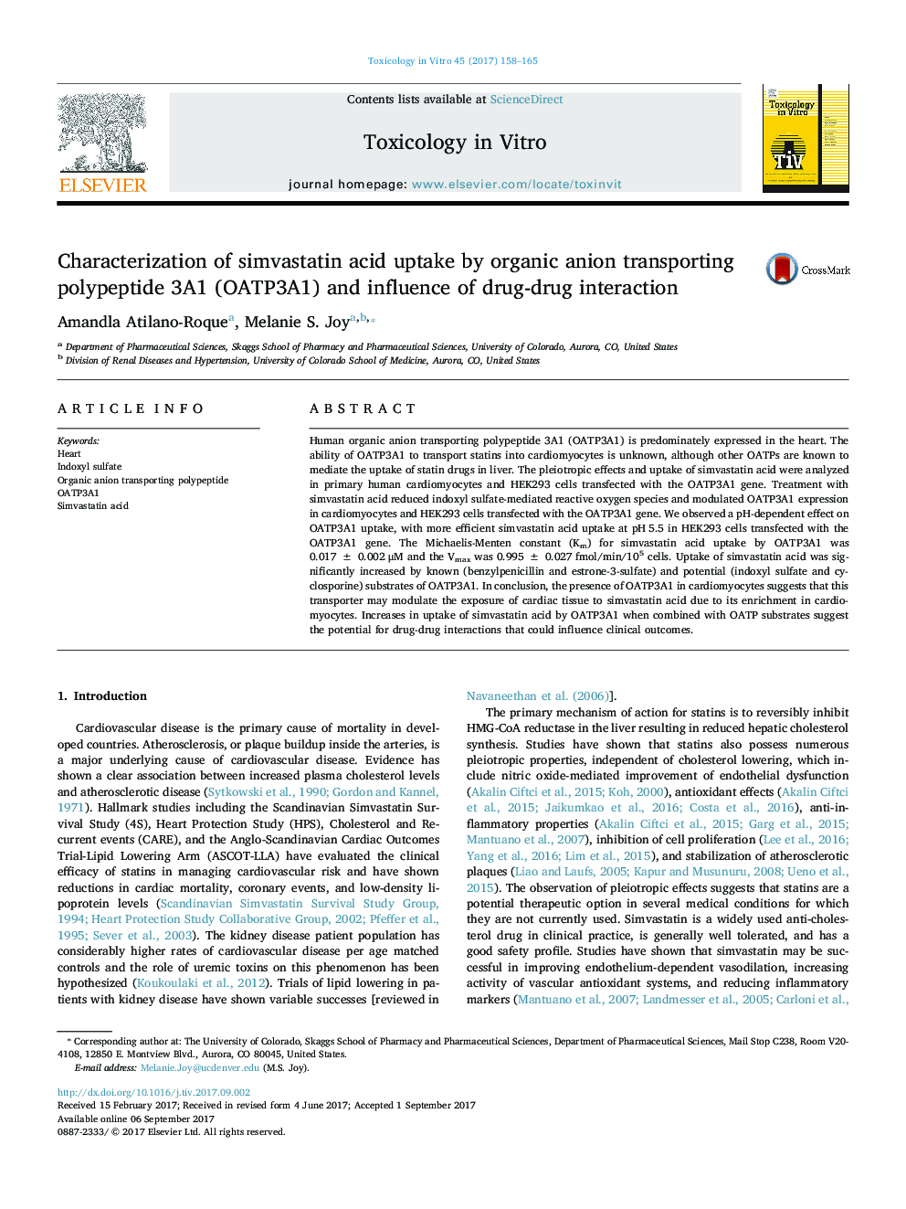 Characterization of simvastatin acid uptake by organic anion transporting polypeptide 3A1 (OATP3A1) and influence of drug-drug interaction