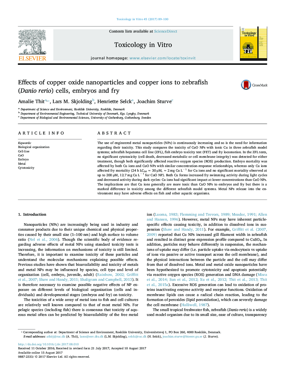 عکس صفحه اول مقاله: Effects of copper oxide nanoparticles and copper ions to zebrafish (Danio rerio) cells, embryos and fry Effects of copper oxide nanoparticles and copper ions to zebrafish (Danio rerio) cells, embryos and fry