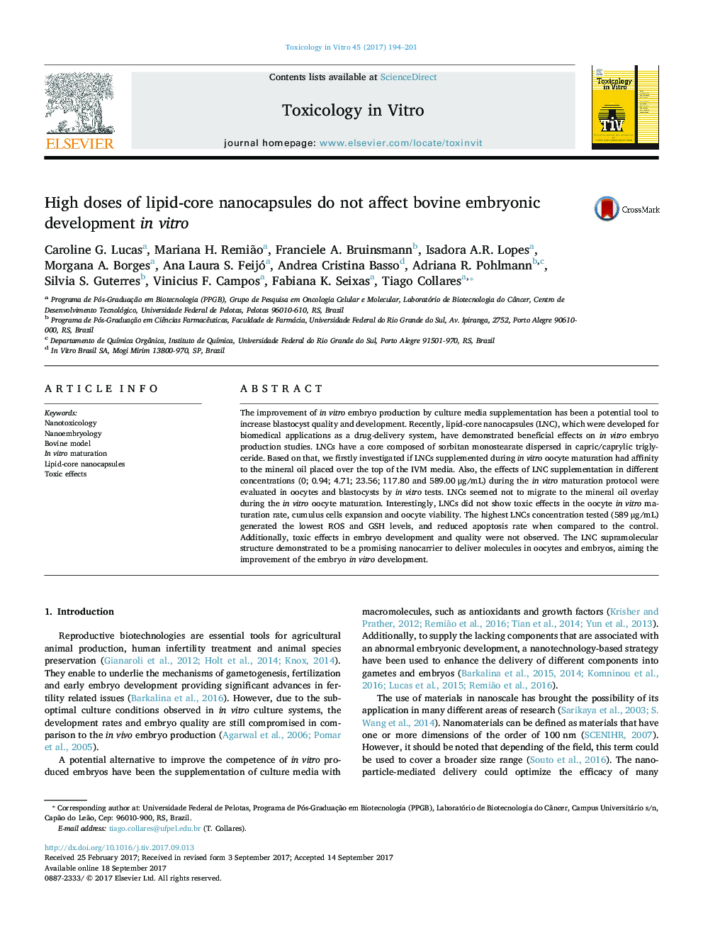 High doses of lipid-core nanocapsules do not affect bovine embryonic development in vitro