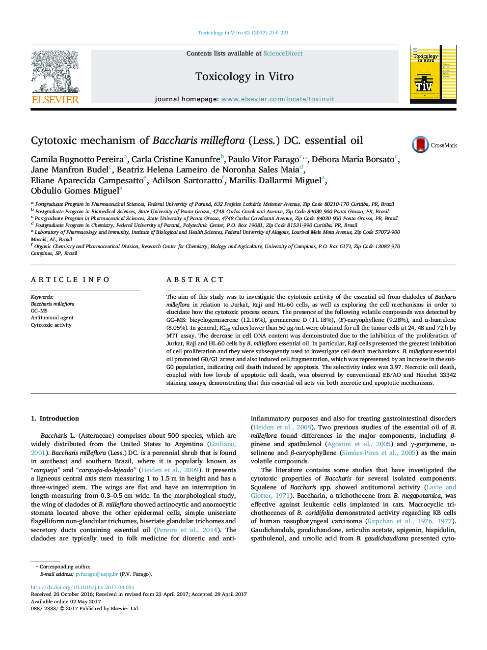 Cytotoxic mechanism of Baccharis milleflora (Less.) DC. essential oil
