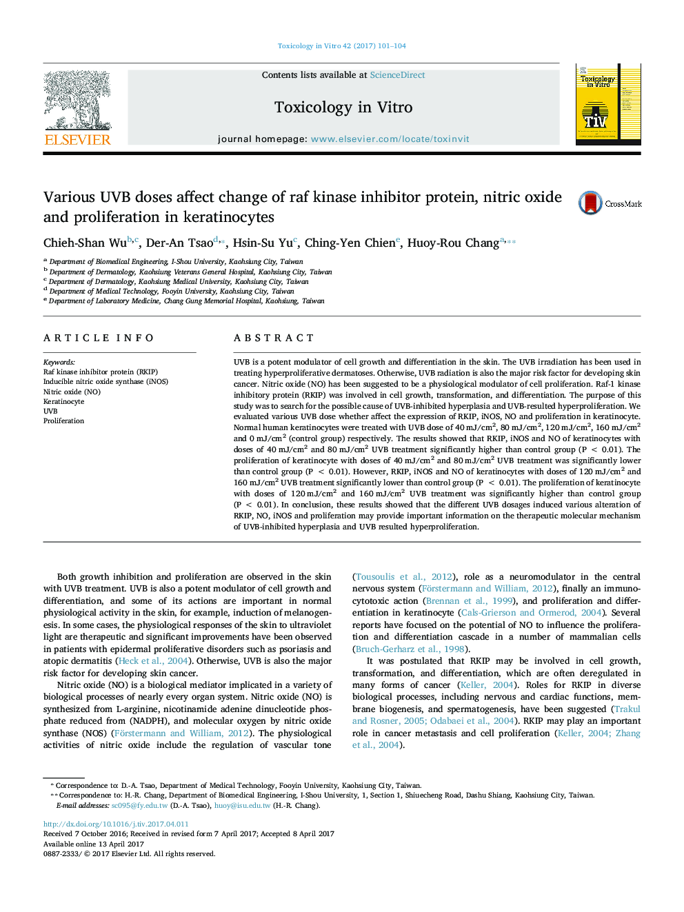 Various UVB doses affect change of raf kinase inhibitor protein, nitric oxide and proliferation in keratinocytes