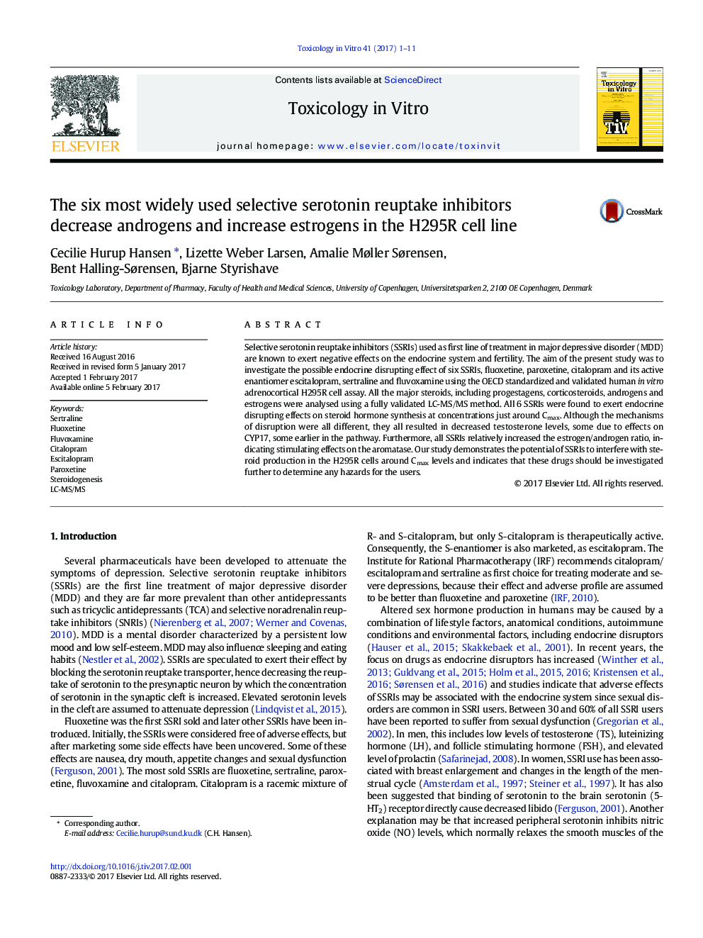 The six most widely used selective serotonin reuptake inhibitors decrease androgens and increase estrogens in the H295R cell line