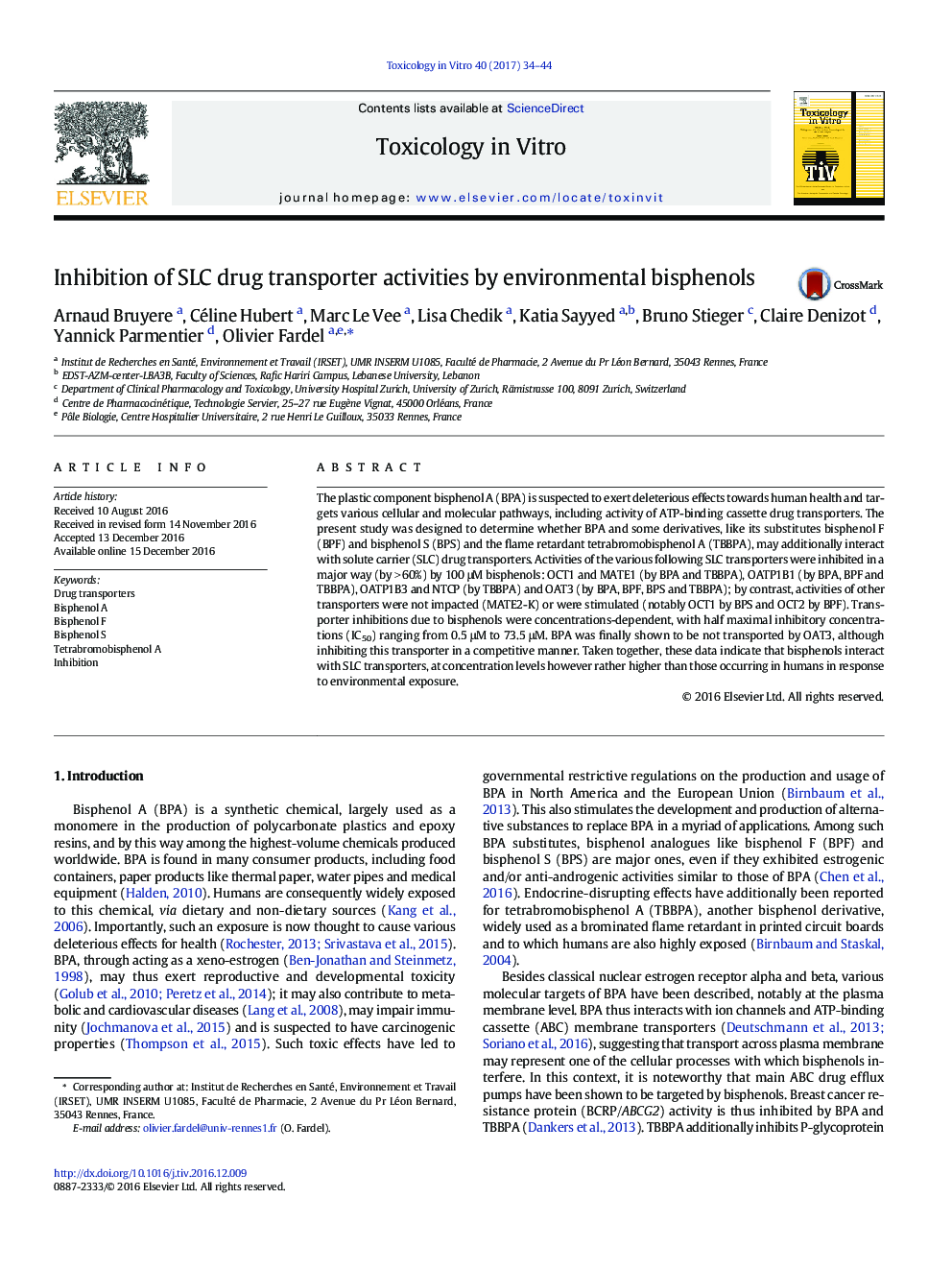 Inhibition of SLC drug transporter activities by environmental bisphenols