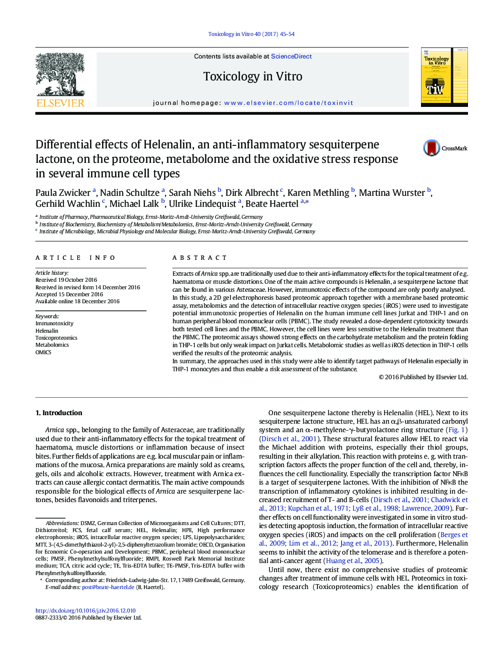 Differential effects of Helenalin, an anti-inflammatory sesquiterpene lactone, on the proteome, metabolome and the oxidative stress response in several immune cell types