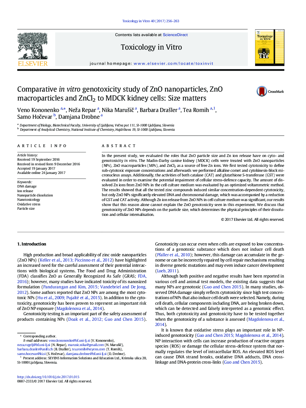 Comparative in vitro genotoxicity study of ZnO nanoparticles, ZnO macroparticles and ZnCl2 to MDCK kidney cells: Size matters