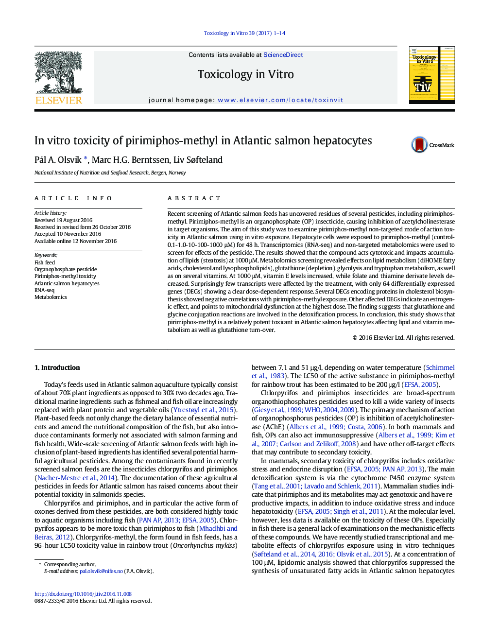 In vitro toxicity of pirimiphos-methyl in Atlantic salmon hepatocytes