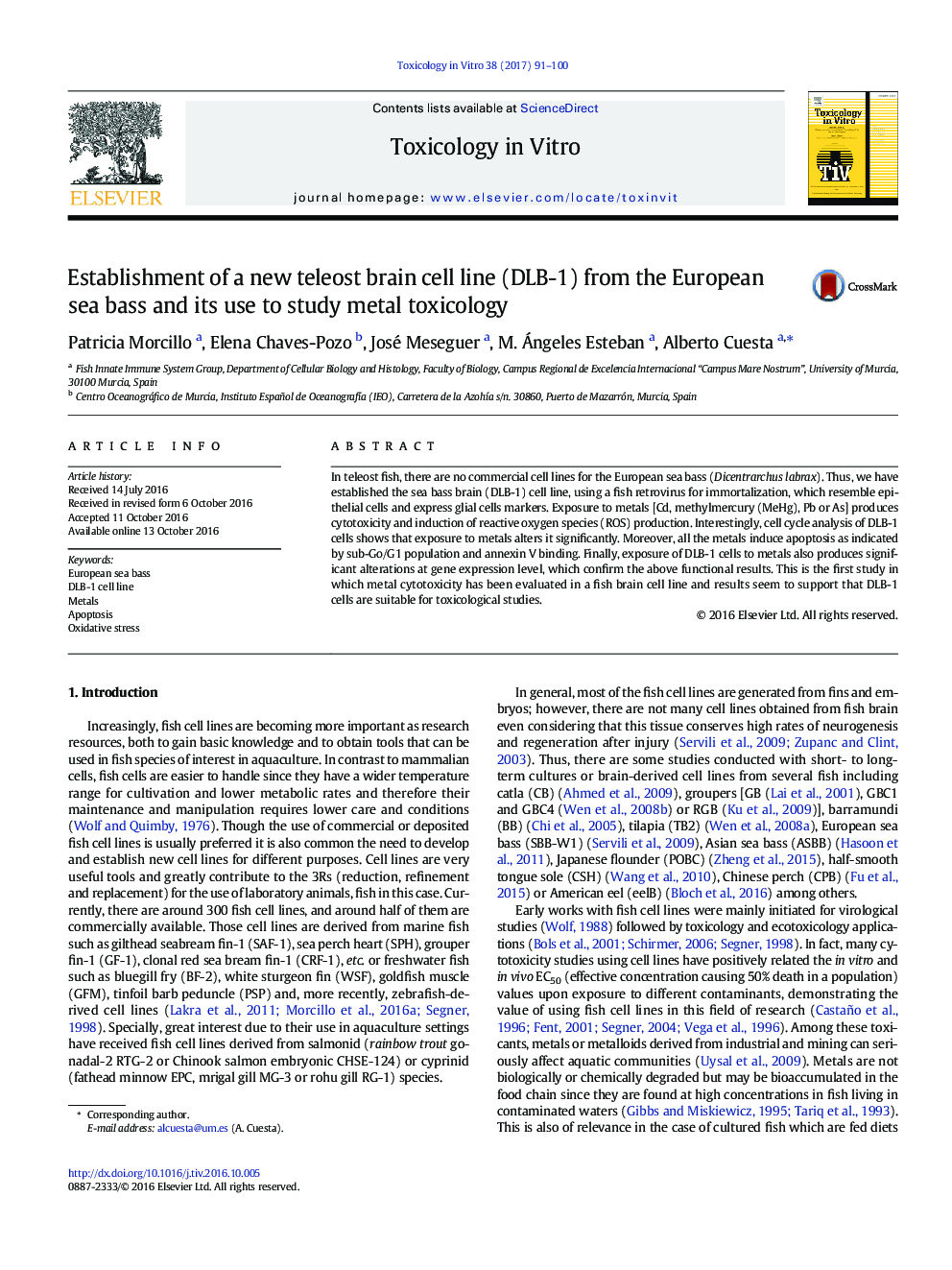 Establishment of a new teleost brain cell line (DLB-1) from the European sea bass and its use to study metal toxicology