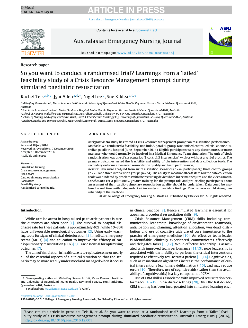 So you want to conduct a randomised trial? Learnings from a 'failed' feasibility study of a Crisis Resource Management prompt during simulated paediatric resuscitation