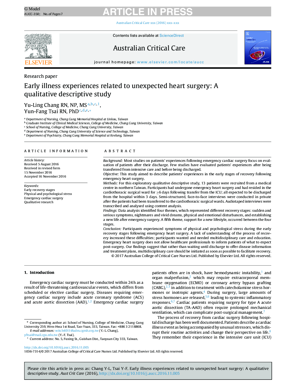 Early illness experiences related to unexpected heart surgery: A qualitative descriptive study