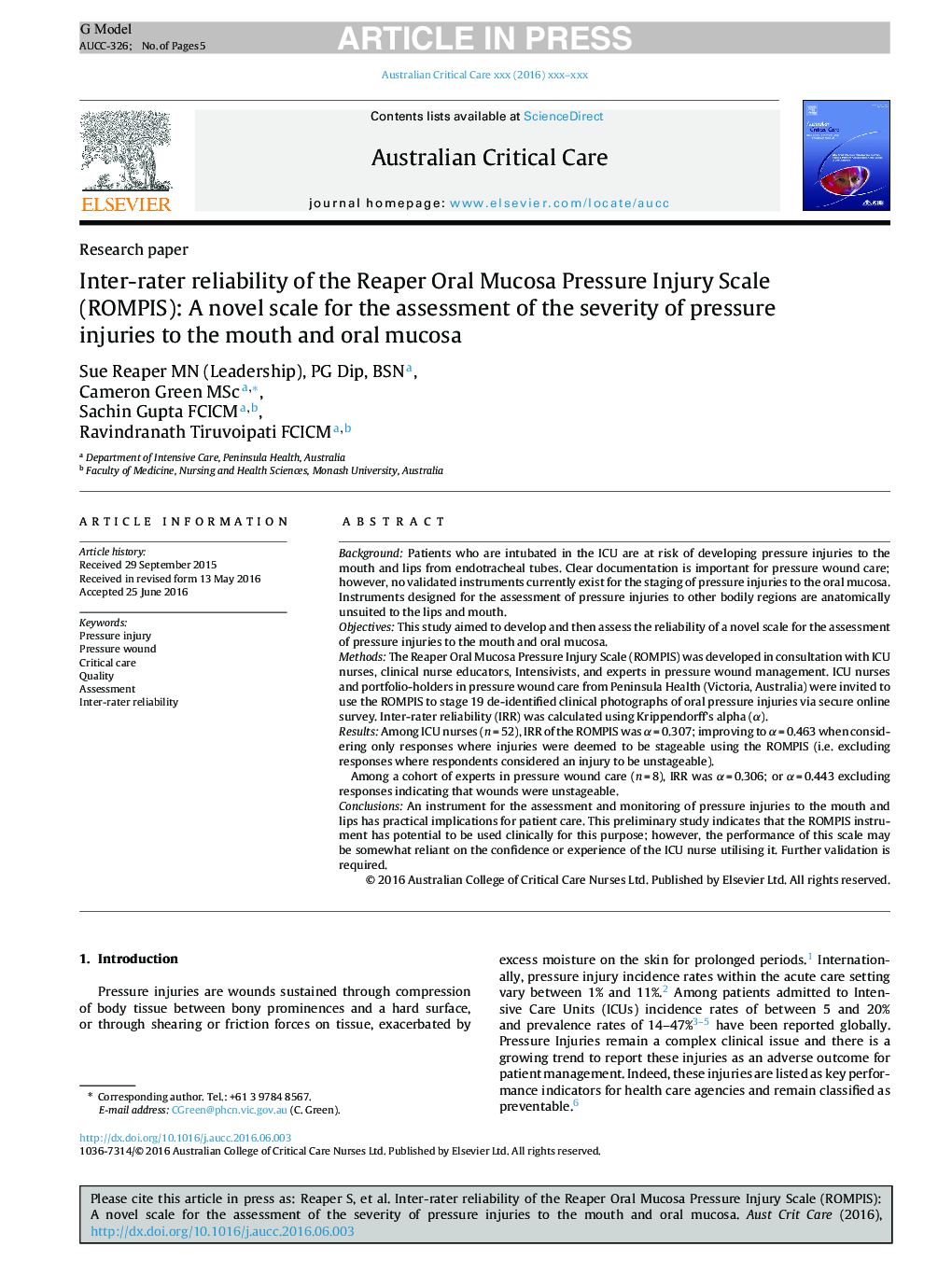 Inter-rater reliability of the Reaper Oral Mucosa Pressure Injury Scale (ROMPIS): A novel scale for the assessment of the severity of pressure injuries to the mouth and oral mucosa