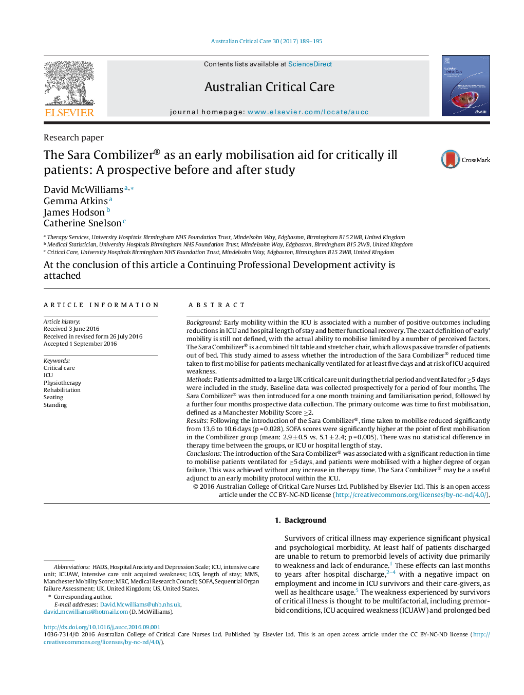 The Sara Combilizer® as an early mobilisation aid for critically ill patients: A prospective before and after study