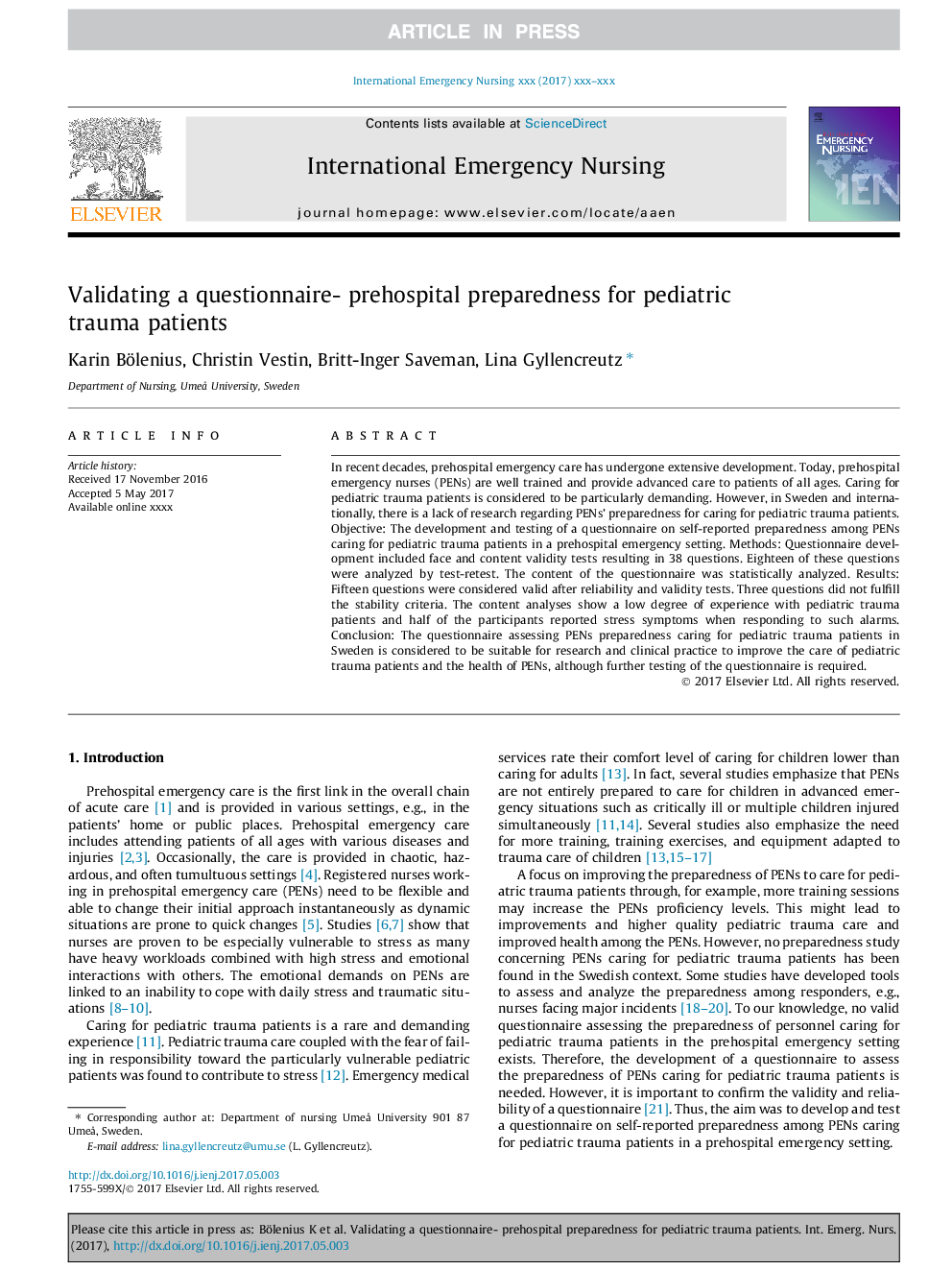 Validating a questionnaire - prehospital preparedness for pediatric trauma patients