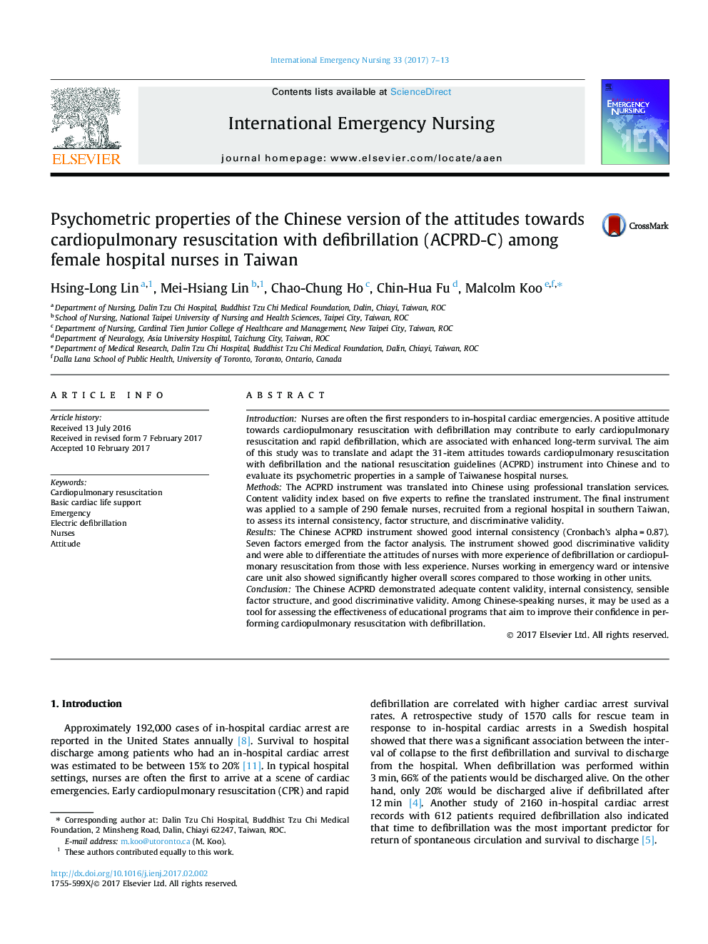 Psychometric properties of the Chinese version of the attitudes towards cardiopulmonary resuscitation with defibrillation (ACPRD-C) among female hospital nurses in Taiwan