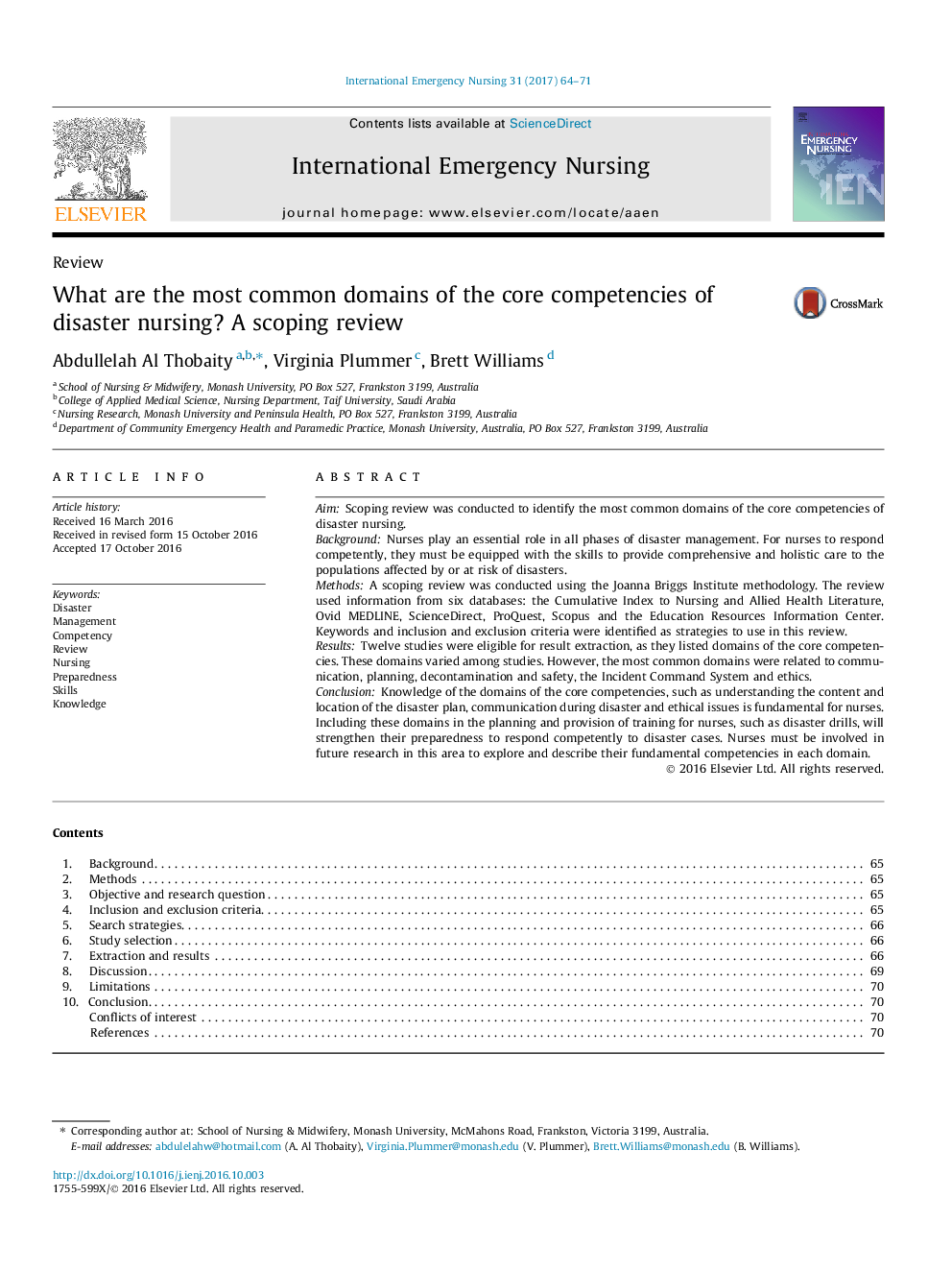 What are the most common domains of the core competencies of disaster nursing? A scoping review