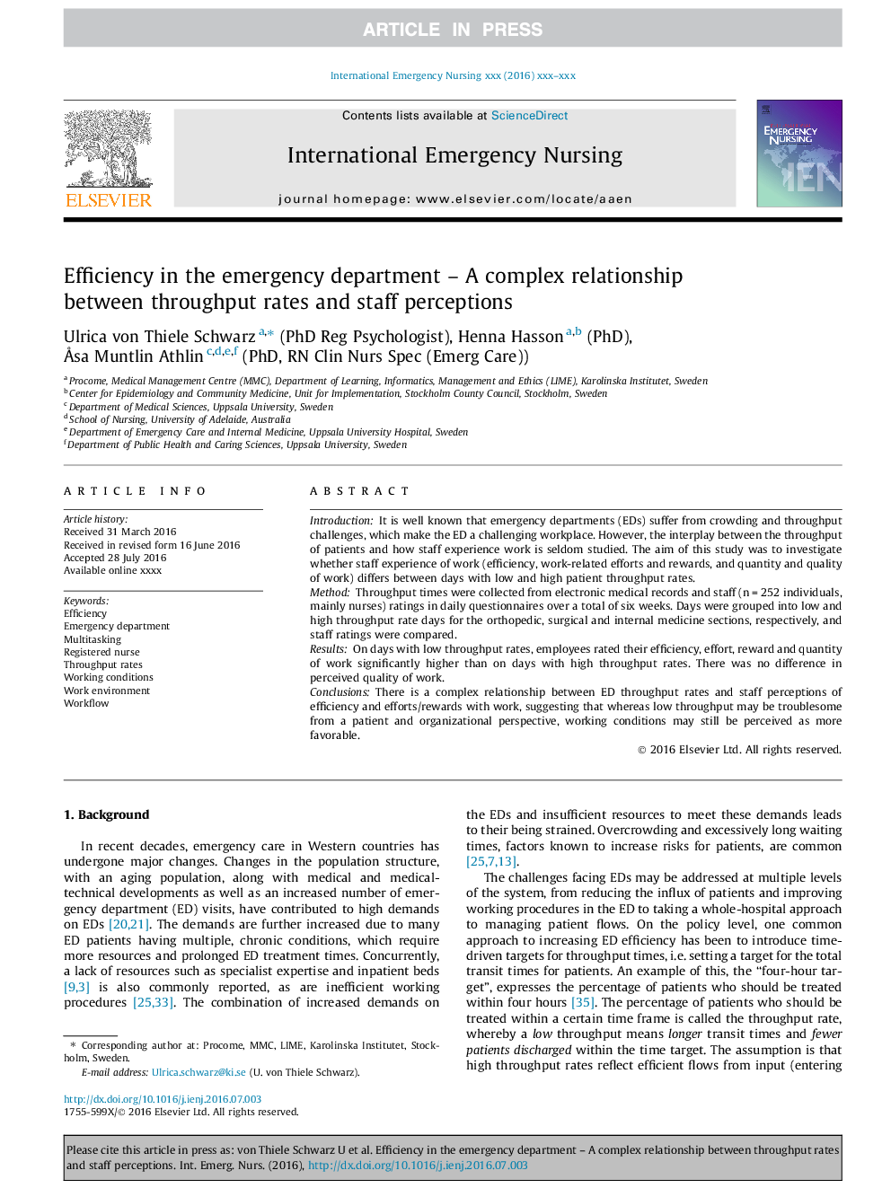 Efficiency in the emergency department - A complex relationship between throughput rates and staff perceptions