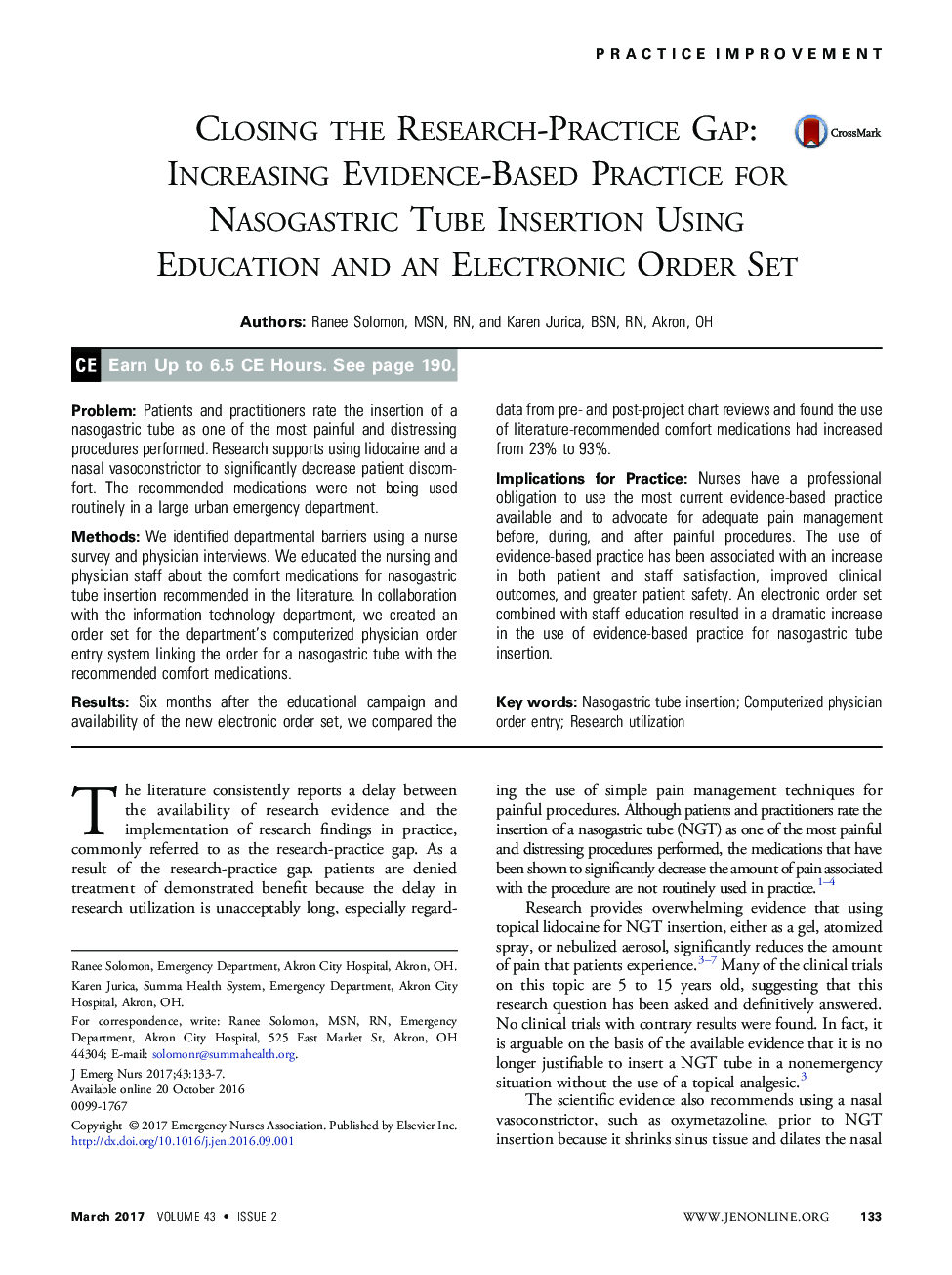 Closing the Research-Practice Gap: Increasing Evidence-Based Practice for Nasogastric Tube Insertion Using Education and an Electronic Order Set