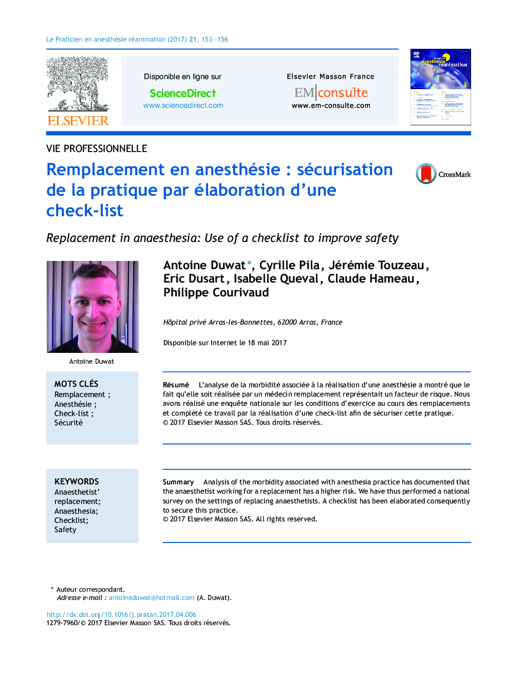 Remplacement en anesthésieÂ : sécurisation de la pratique par élaboration d'une check-list