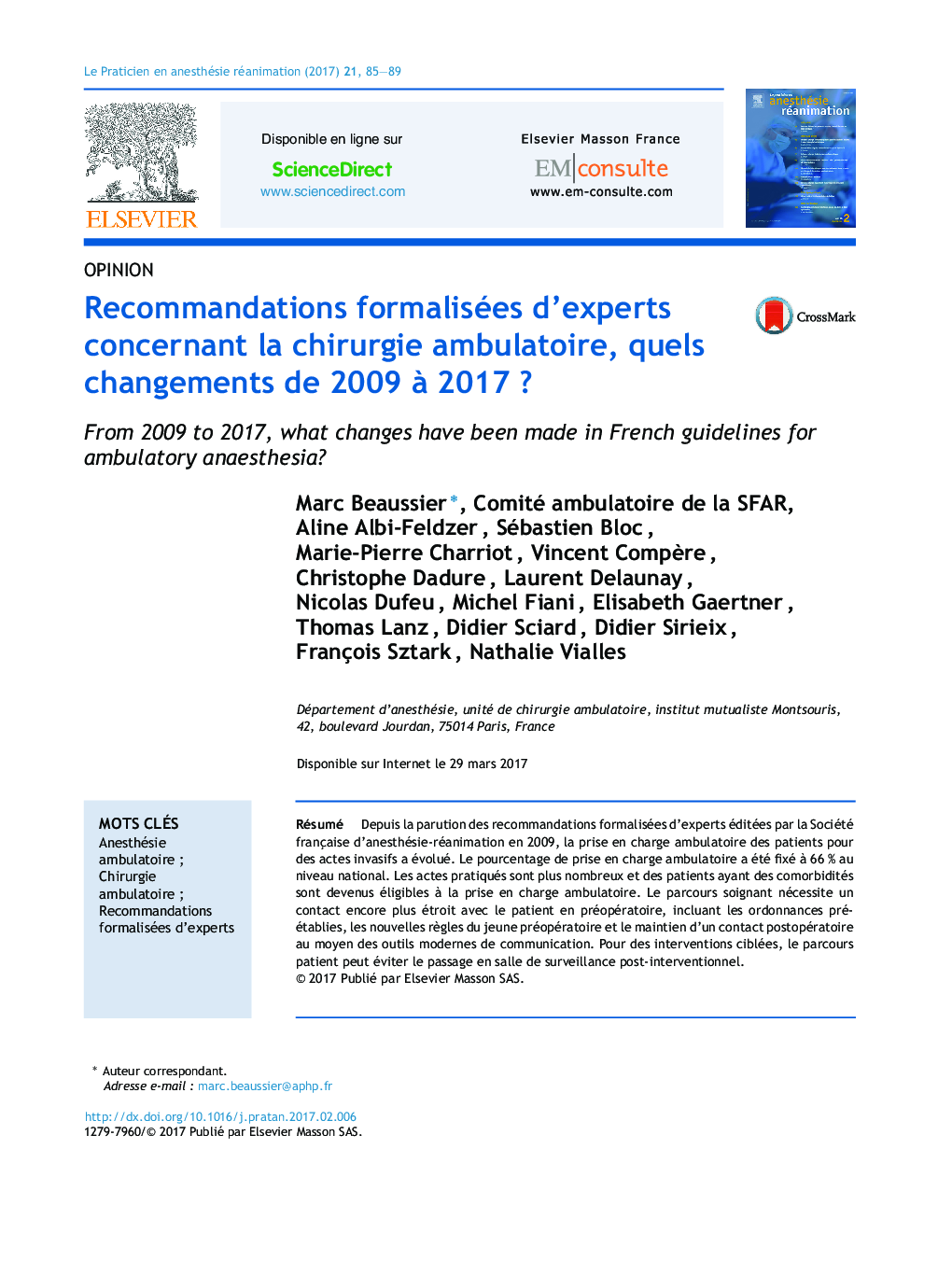 Recommandations formalisées d'experts concernant la chirurgie ambulatoire, quels changements de 2009Â Ã  2017Â ?