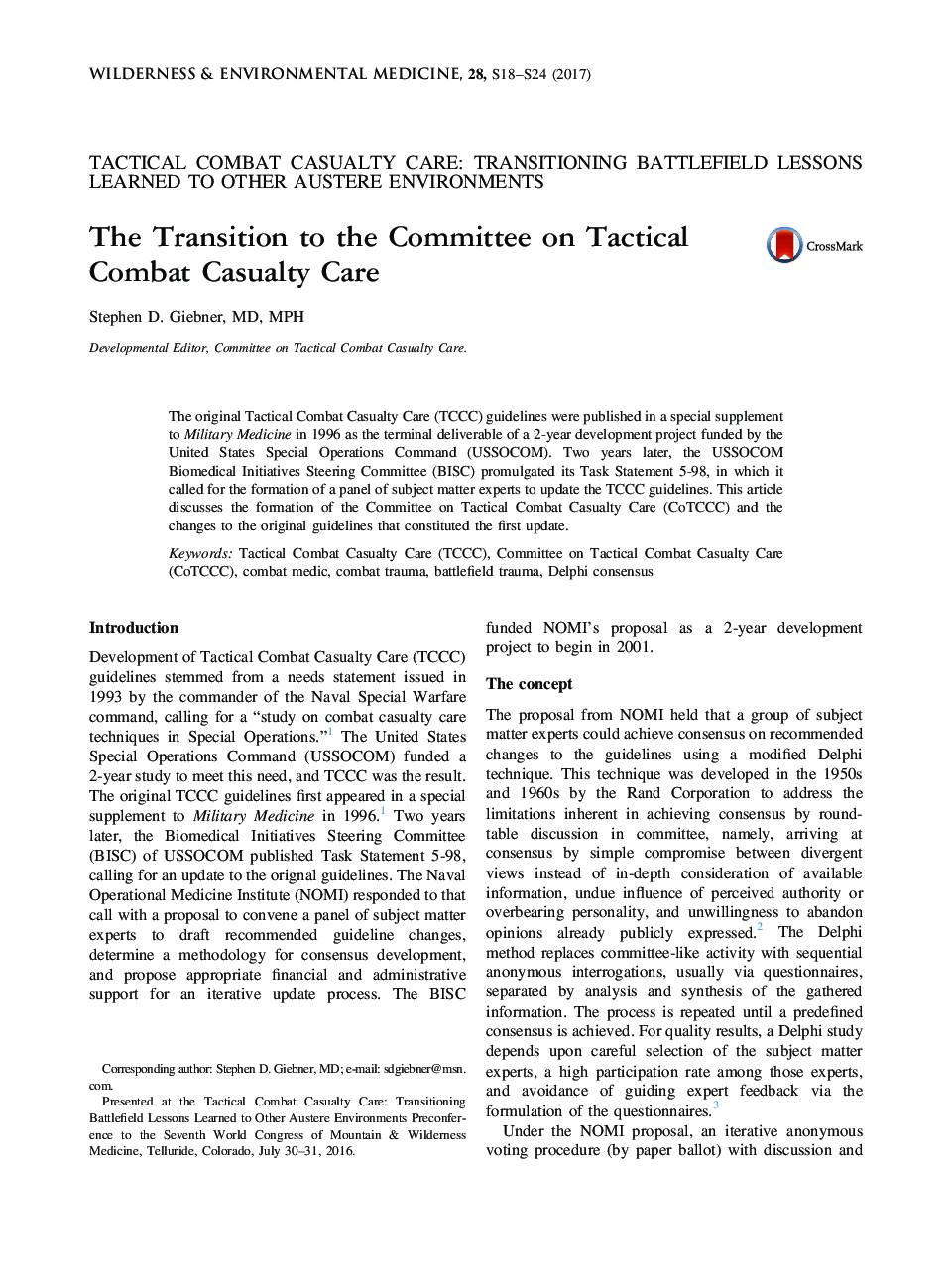 The Transition to the Committee on Tactical Combat Casualty Care