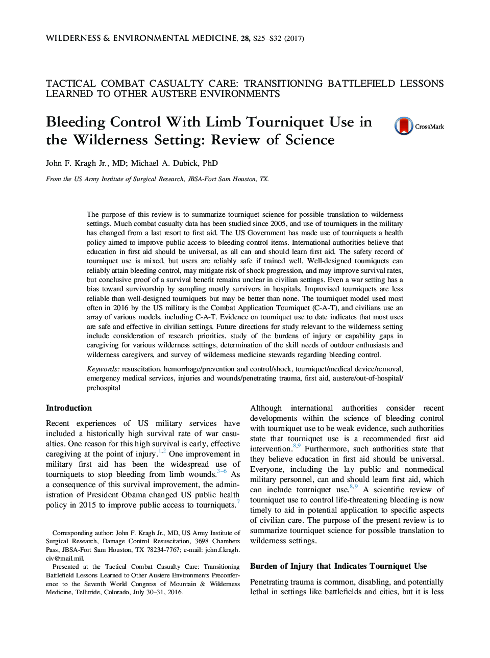 Bleeding Control With Limb Tourniquet Use in the Wilderness Setting: Review of Science