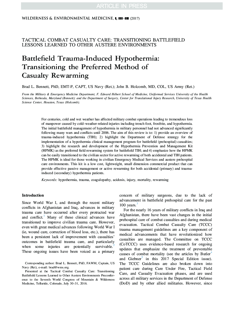 Battlefield Trauma-Induced Hypothermia: Transitioning the Preferred Method of Casualty Rewarming