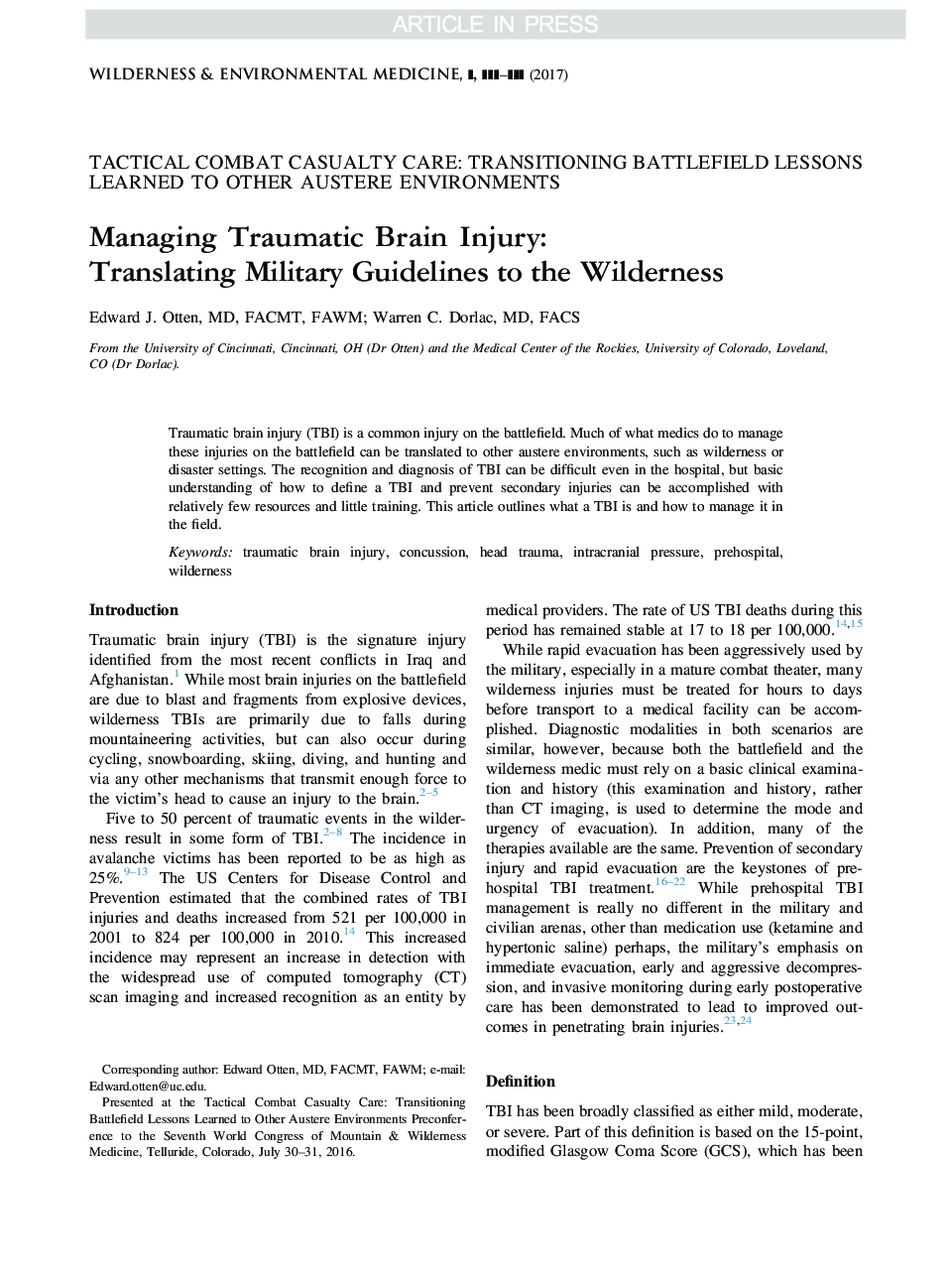 Managing Traumatic Brain Injury: Translating Military Guidelines to the Wilderness