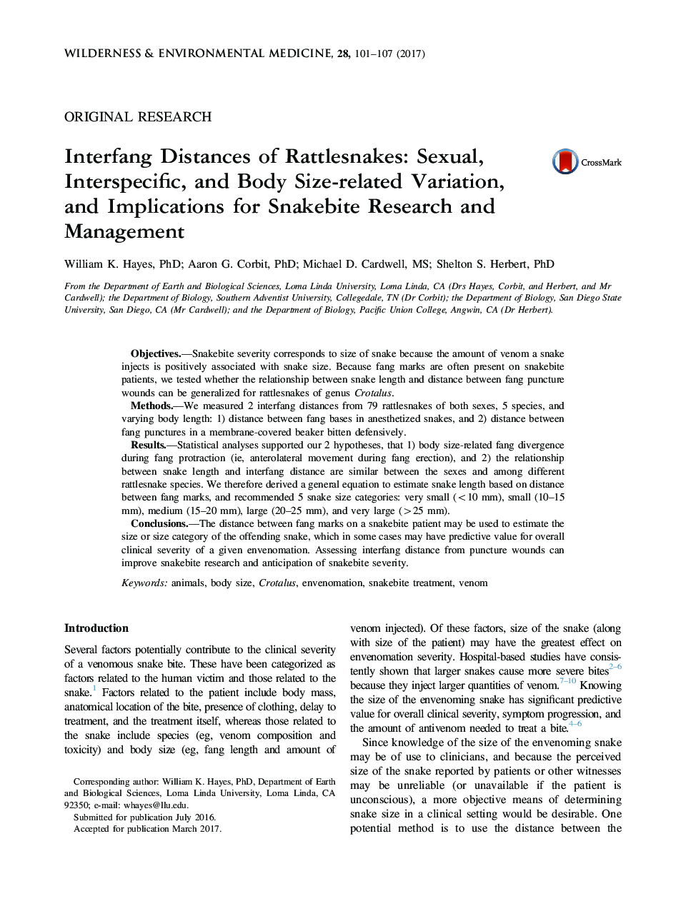 Interfang Distances of Rattlesnakes: Sexual, Interspecific, and Body Size-related Variation, and Implications for Snakebite Research and Management