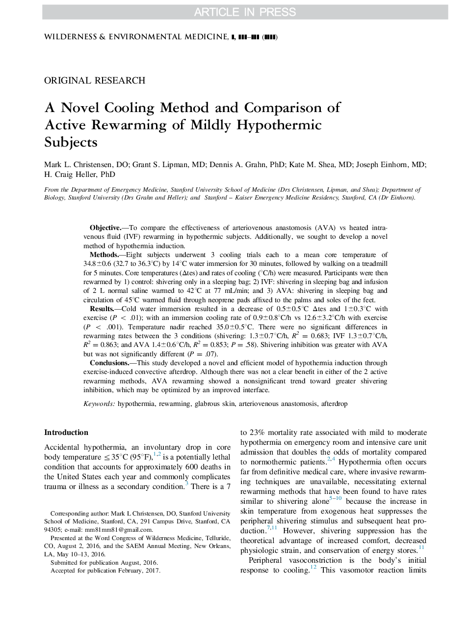 A Novel Cooling Method and Comparison of Active Rewarming of Mildly Hypothermic Subjects