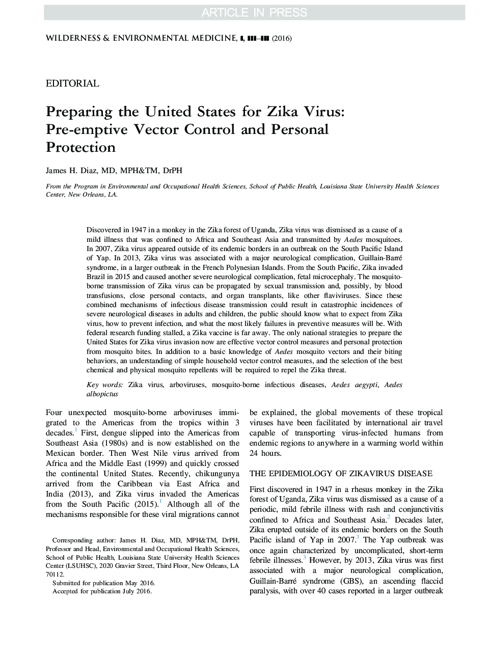 Preparing the United States for Zika Virus: Pre-emptive Vector Control and Personal Protection