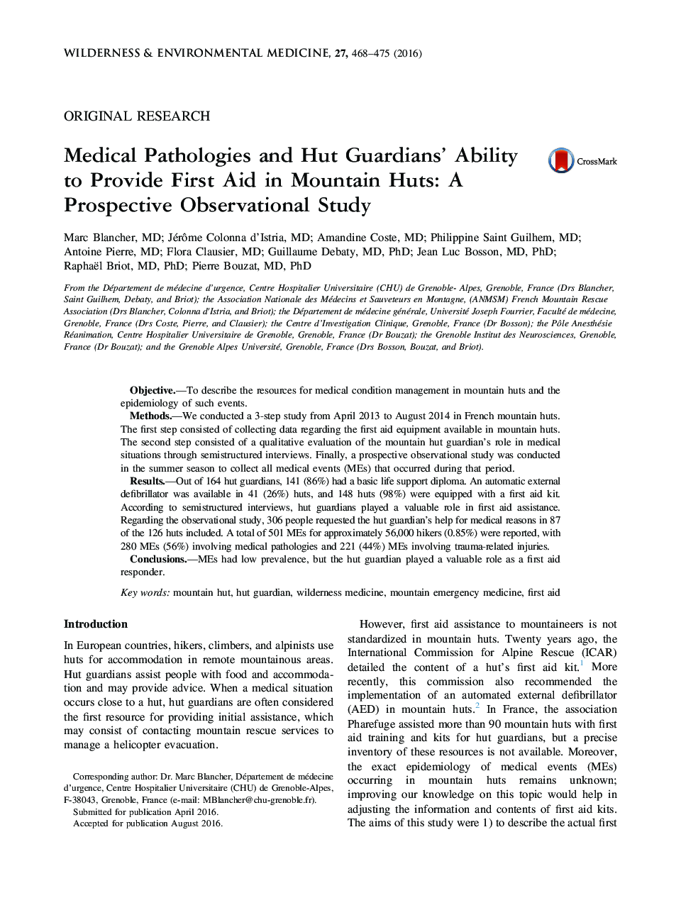 Original ResearchMedical Pathologies and Hut Guardians' Ability to Provide First Aid in Mountain Huts: A Prospective Observational Study
