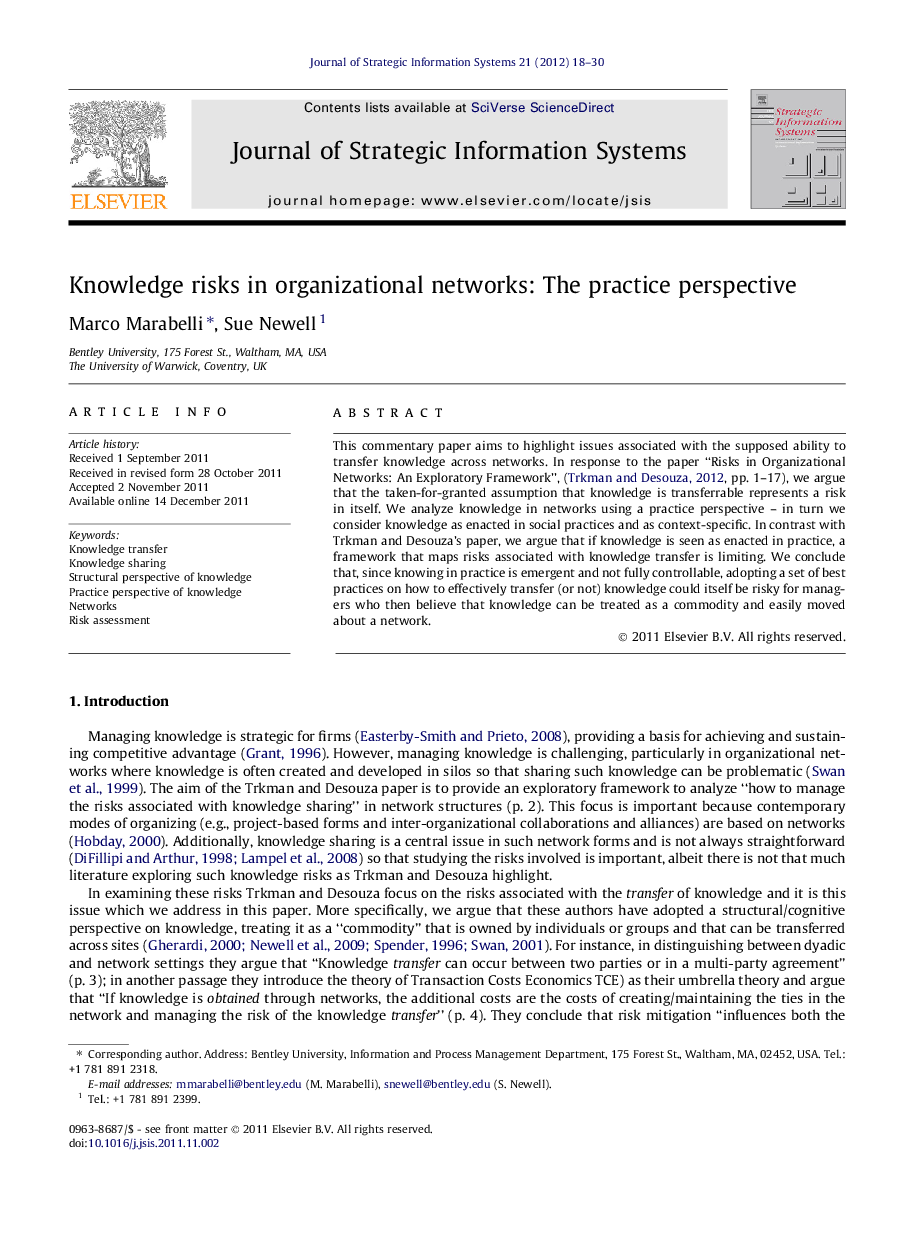 Knowledge risks in organizational networks: The practice perspective