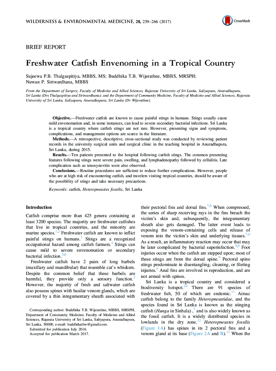 Freshwater Catfish Envenoming in a Tropical Country