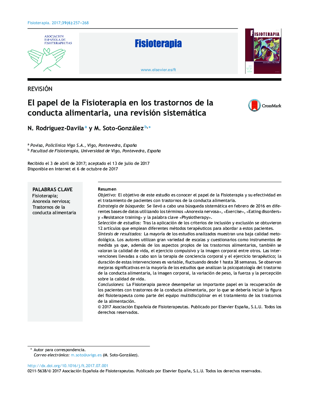 El papel de la Fisioterapia en los trastornos de la conducta alimentaria, una revisión sistemática