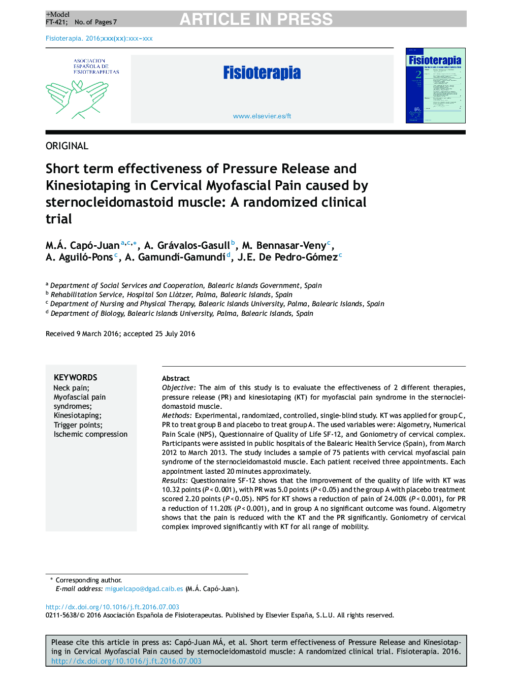 Short term effectiveness of Pressure Release and Kinesiotaping in Cervical Myofascial Pain caused by sternocleidomastoid muscle: A randomized clinical trial
