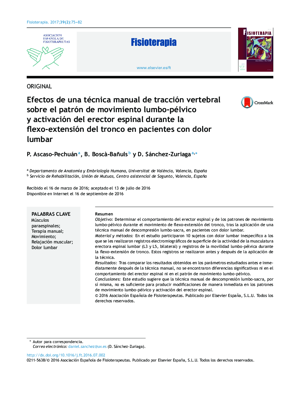 Efectos de una técnica manual de tracción vertebral sobre el patrón de movimiento lumbo-pélvico y activación del erector espinal durante la flexo-extensión del tronco en pacientes con dolor lumbar