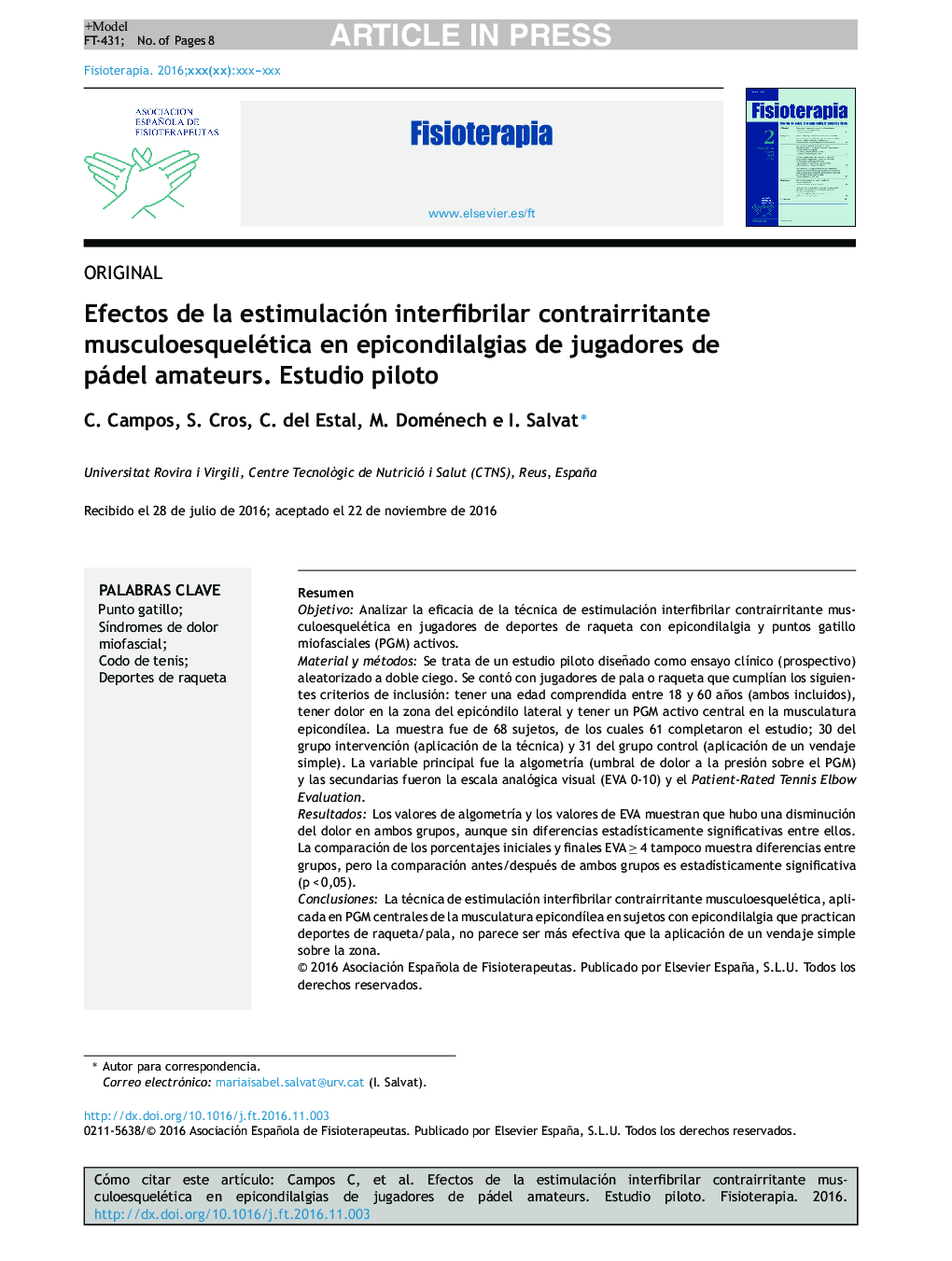 Efectos de la estimulación interfibrilar contrairritante musculoesquelética en epicondilalgias de jugadores de pádel amateurs. Estudio piloto