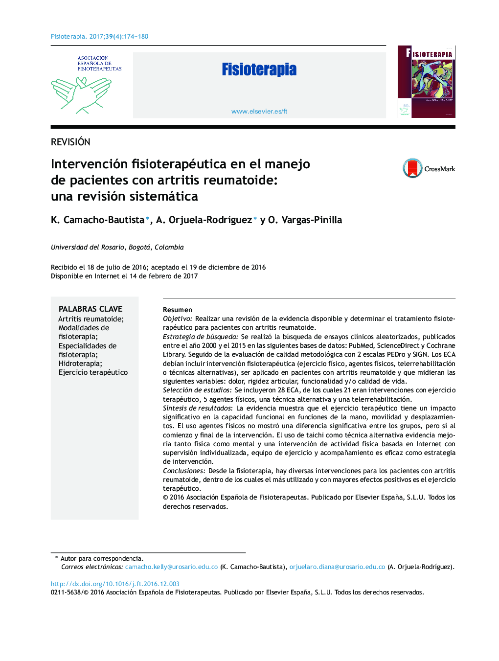 Intervención fisioterapéutica en el manejo de pacientes con artritis reumatoide: una revisión sistemática