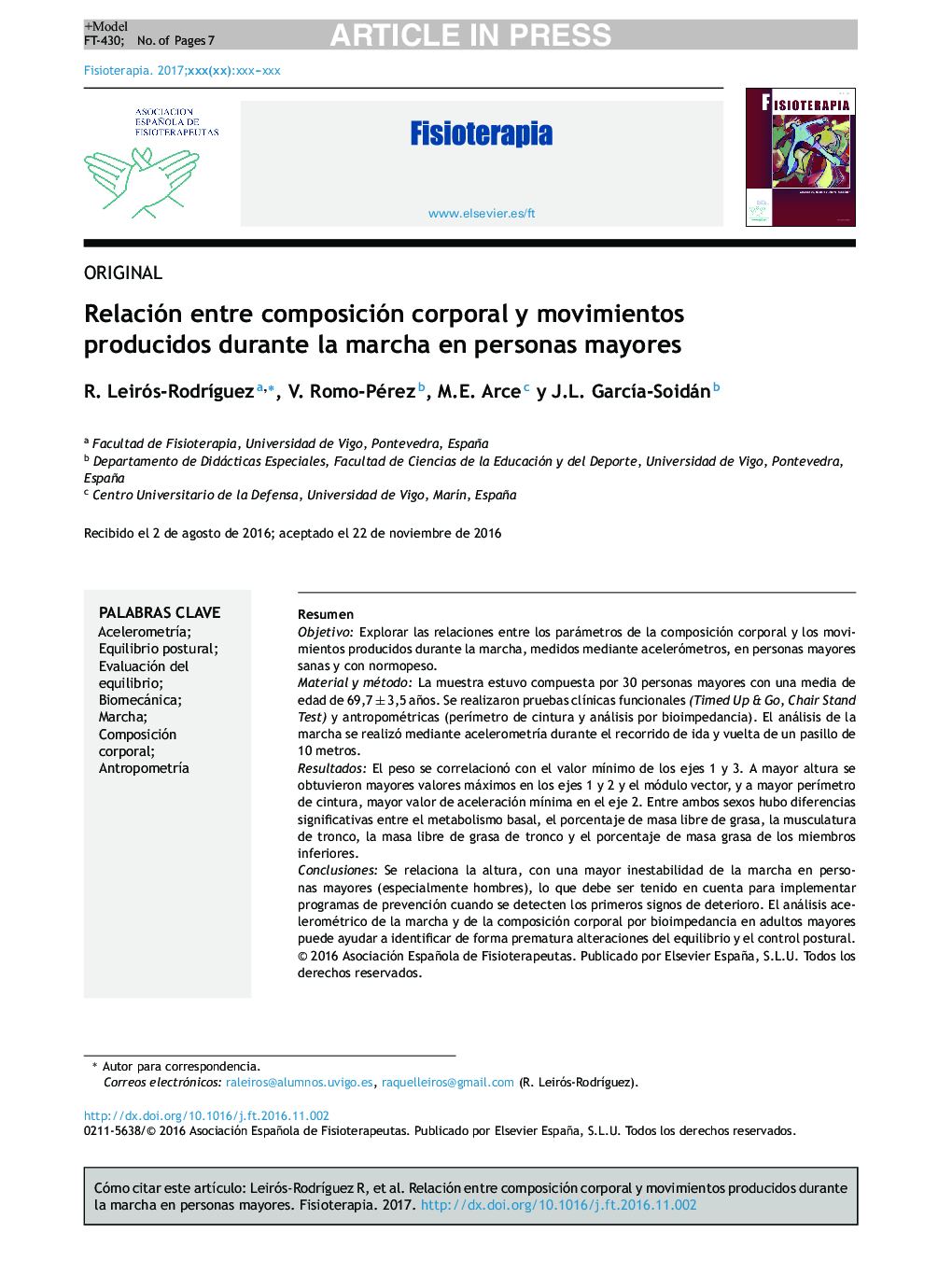 Relación entre composición corporal y movimientos producidos durante la marcha en personas mayores