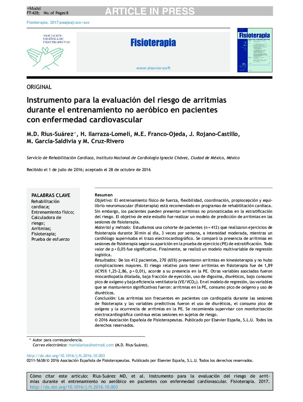 Instrumento para la evaluación del riesgo de arritmias durante el entrenamiento no aeróbico en pacientes con enfermedad cardiovascular