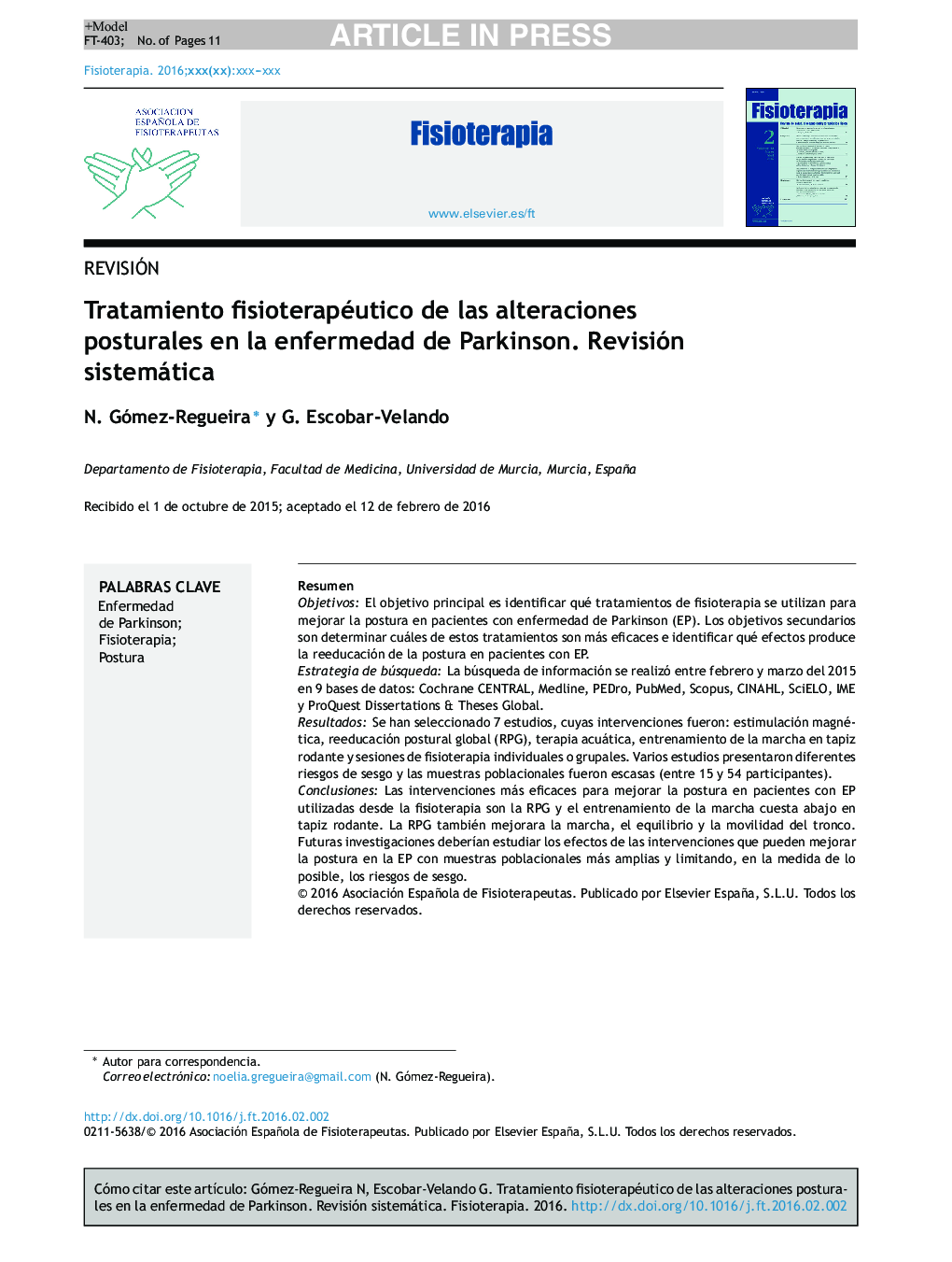 Tratamiento fisioterapéutico de las alteraciones posturales en la enfermedad de Parkinson. Revisión sistemática