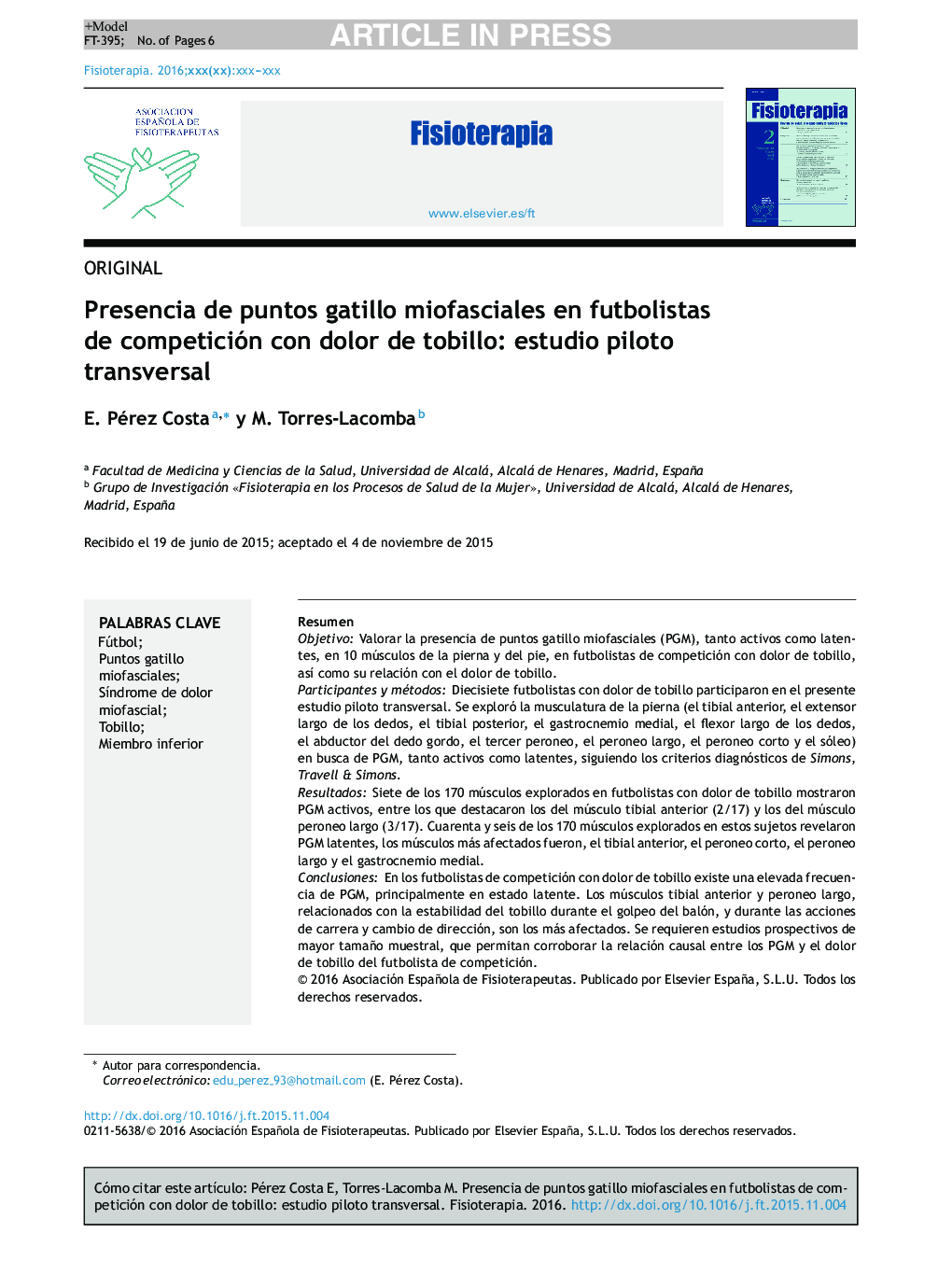 Presencia de puntos gatillo miofasciales en futbolistas de competición con dolor de tobillo: estudio piloto transversal