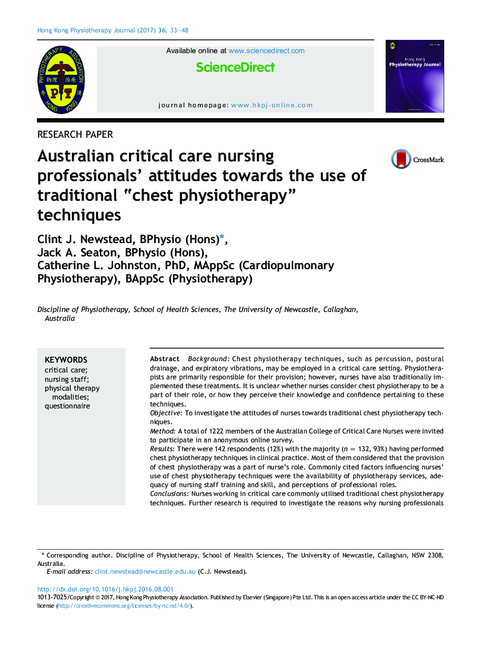 Australian critical care nursing professionals' attitudes towards the use of traditional “chest physiotherapy” techniques