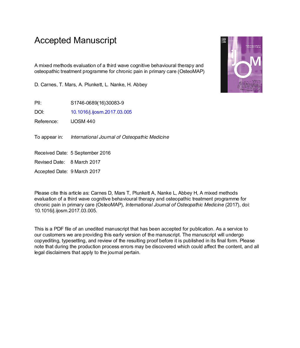 A mixed methods evaluation of a third wave cognitive behavioural therapy and osteopathic treatment programme for chronic pain in primary care (OsteoMAP)