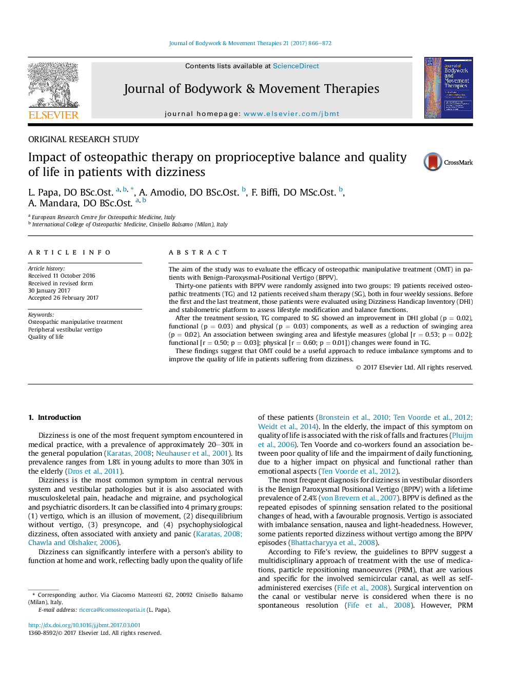 Impact of osteopathic therapy on proprioceptive balance and quality of life in patients with dizziness