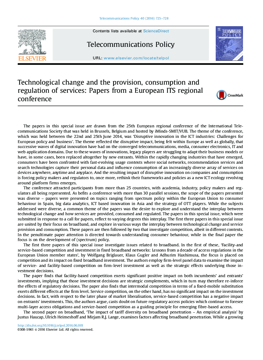 Technological change and the provision, consumption and regulation of services: Papers from a European ITS regional conference