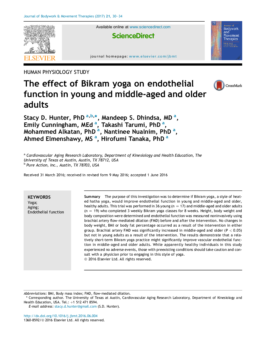 The effect of Bikram yoga on endothelial function in young and middle-aged and older adults