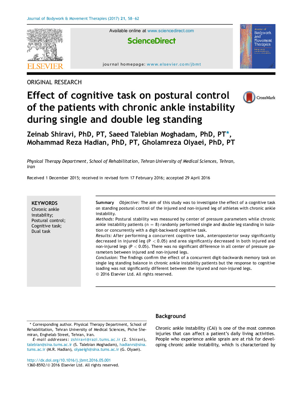 Effect of cognitive task on postural control of the patients with chronic ankle instability during single and double leg standing