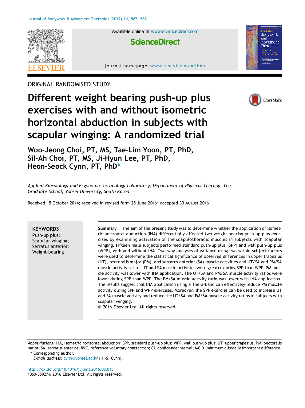 Different weight bearing push-up plus exercises with and without isometric horizontal abduction in subjects with scapular winging: A randomized trial